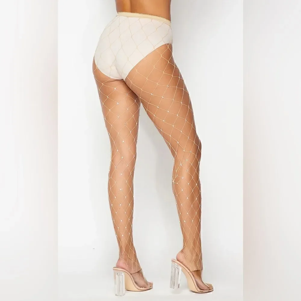 Nude rhinestones wide fishnet hosiery tights stockings